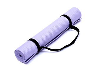 Lavender rolled yoga mat with black handy carrying strap isolated on white background