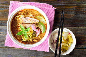 Northern Thai food (Khao soi), curry noodles soup with chicken