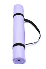 Lavender rolled yoga mat with black handy carrying strap isolated on white background