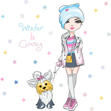 Vector beautiful fashion hipster girl in winter clothes, sneakers, jacket and skirt with cute dog Yorkshire terrier