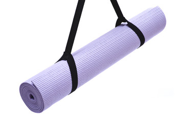 Lavender rolled yoga mat with black handy carrying strap isolated on white background