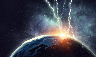 Lightning striking Earth planet