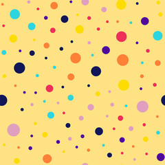 Memphis style polka dots seamless pattern on yellow background. Graceful modern memphis polka dots creative pattern. Bright scattered confetti fall chaotic decor. Vector illustration.