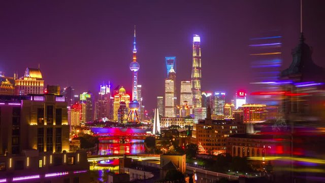 night illuminated shanghai city downtown pudong rooftop reflection panorama 4k timelapse china
