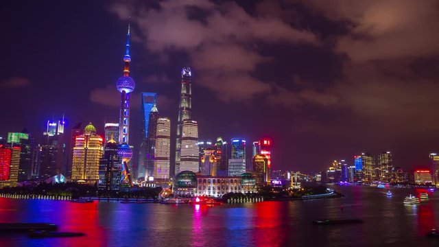shanghai city night time illumination pudong bay traffic panorama 4k timelapse china
