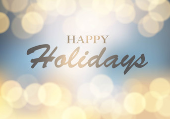 Vector, Blurred light gold bokeh abstract background with happy holidays lettering