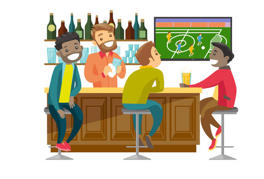 Young cheerful multiethnic people drinking beer and watching football match in the bar. Happy friends with beer in sport bar. Vector cartoon illustration isolated on white background. Square layout.