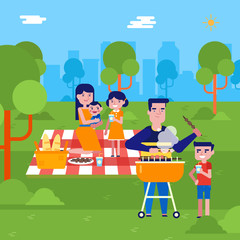 Obraz na płótnie Canvas Young caucasian white man cooking shish kebab on barbecue grill for his family on a picnic in the park outdoors. Happy family having a picnic in the park. Vector cartoon illustration. Square layout.