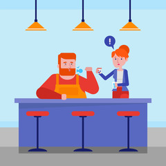 Careful caucasian white wife giving some medications and water to her ill husband with sore throat at home. Young wife caring for sick bearded husband. Vector cartoon illustration. Square layout.