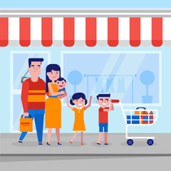 Happy caucasian white family with kids shopping. Young family walking with purchases, shopping bags and cart. Consumerism, shopping and family concept. Vector cartoon illustration. Square layout.