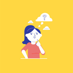 Young caucasian white woman holding a finger on her chin and thinking while standing under question mark. Thinking woman with question mark over her head. Vector cartoon illustration. Square layout.