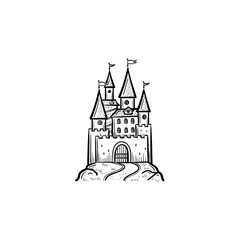 Vector hand drawn fairytale castle outline doodle icon. Fairytale castle sketch illustration for print, web, mobile and infographics isolated on white background.
