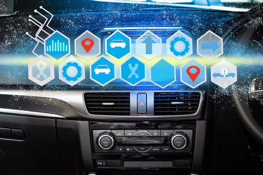 car technology digital virtual screen icon and Wireless communication connecting internet in car technology for transport, automotive, driver image