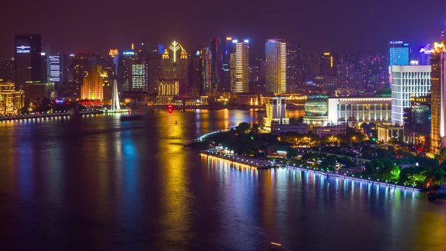 night illuminated shanghai traffic river bay downtown reflection rooftop panorama 4k timelapse china
