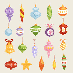Christmas tree toys vector decorations balls, circle, stars, bells for decorate New Year Xmas tree toys on branches illustration