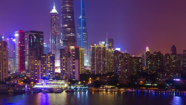 night illuminated shanghai river bay downtown tower reflection rooftop panorama 4k timelapse china
