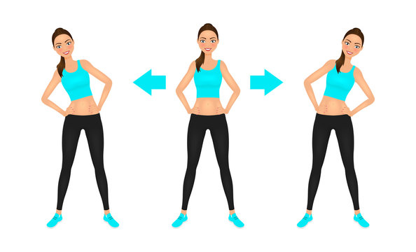 Smiling young pretty woman make side bend exercise with hands on the hips. Fit girl in leggings and crop top. Warm-up instruction vector illustration.