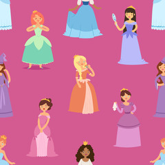 Cartoon girl vector princess characters different fairy-tale clothes dress fairy woman cute adorble girls illustration seamless pattern background