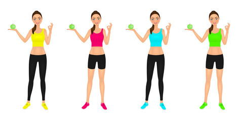 Young smiling woman in sportswear with apple showing ok sign. Healthy lifestyle promoting. Vector characters set.