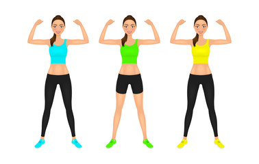 Pretty young fit woman showing her biceps. Smiling girl in sportswear. Isolated vector characters set.