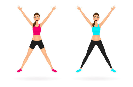 Pretty jumping girl in sportswear with hands up. Happy young woman characters set. Vector illustration.