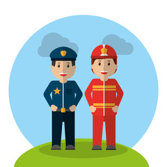 workers profession policeman and fireman standing cartoon vector illustration