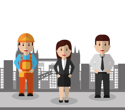 business people and man construction workers city background vector illustration