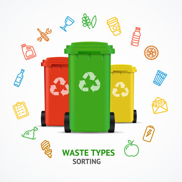 Realistic 3d Detailed Recycled Bins witch Color Outline Icons. Vector