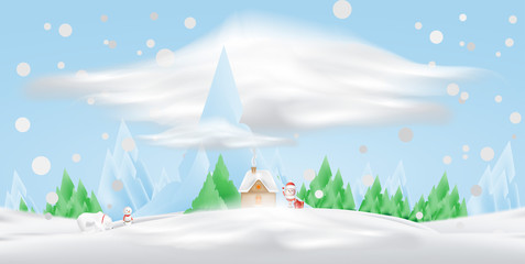 Cartoon character Santa Claus and house in the snow against a background of mountains and a Christmas tree. Vector for christmas and new year