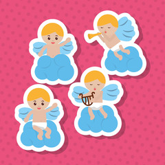 set of blond cupid in clouds harp trumpet music romance vector illustration