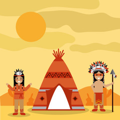 two native american people with teepee and desert landscape vector illustration