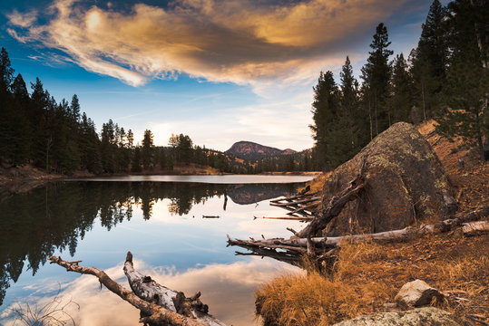 Mountain lake at sundown
