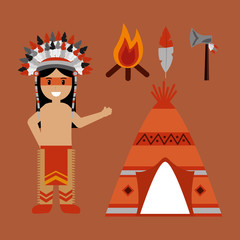 native american indian character teepee axe and bonfire vector illustration