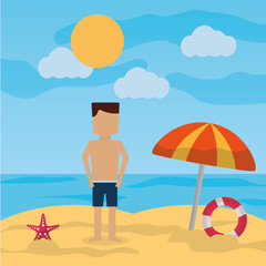 man standing beach with umbrella lifebuoy sea landscape vector illustration