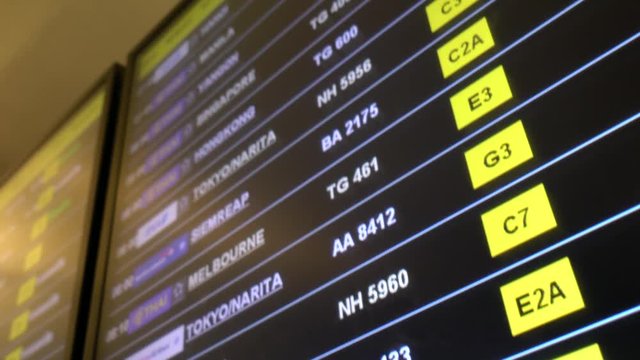 Departures monitor display board showing destinations flights for traveler and passenger at Suvarnabhumi International Airport.