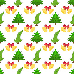 Cartoon Christmas seamless pattern with bell and Christmas tree.   Winter background, decorative wrapper, texture, textile. Seamless festive pattern