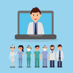 doctor inside laptop and staff medical people team vector illustration