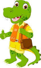 cute crocodile cartoon standing bring bag with smile and thumb up