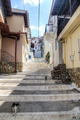 Fototapeta na wymiar A typical street with historical houses in koroni, Messinia, Greece 