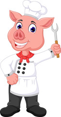 cute pig chef cartoon standing with laughing and bring frok