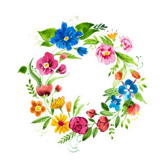 Hand drawn watercolor wreath of flowers and leaves. Isolated aquarelle decorative floral element.