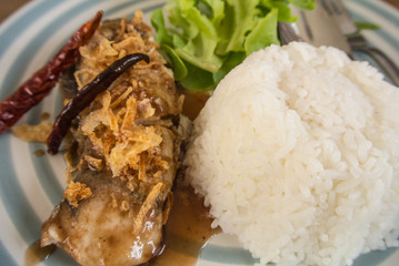 Fried fish with garlic and rice for lunch or other times