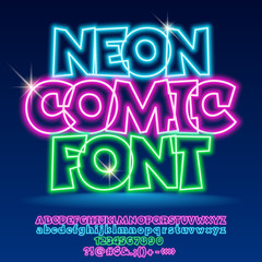 Vector neon light up Comic Font. Set of glowing Alphabet letters, Numbers and Punctuation Symbols