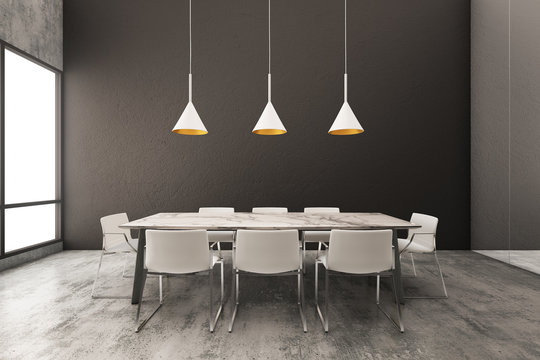 Interior of a minimalist dining room with black wall. 3d illustration