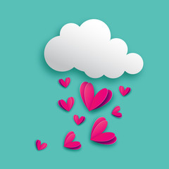 A rain of heart. Love with cut paper heart. Romantic Invitation card. Origami Cloud. Happy Valentine's day. 14 February.