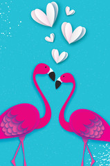 Fototapeta premium Exotic birds love. Flamingo couple. Beautiful pink birds. Tropical Jungle. Palm leaves. Love with paper cut white hearts. Romantic Invitation card. Happy Valentine's day. 14 February.