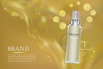 Cosmetic container with advertising background ready to use, luxury skin care ad. Vector illustration.
