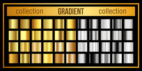 Vector big collection of gold and silver gradients. Set of metallic glare. Vector illustration