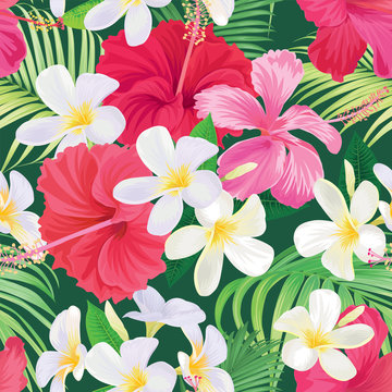 Tropical seamless pattern with hibiscus syriacus and plumeria flower with leaf on green background. Vector set of exotic tropical garden for wedding invitations, greeting card and fashion design. 