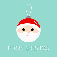 Merry Christmas ball toy hanging. Santa Claus head face, beard, moustaches, white eyebrows, red hat. Tree decoration. Cute cartoon kawaii funny character. Blue background. Isolated. Greeting card.